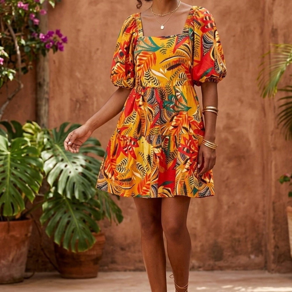 MllE GABRIELLE Tropical Midi Dress in Mustard & Red 100%coton